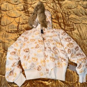 Dereon/Deréon white and gold fleur de lis cropped puffer jacket with faux fur